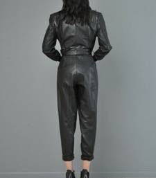 Women’s black soft genuine lambskin leather utility long sleeve with belted jumpsuit