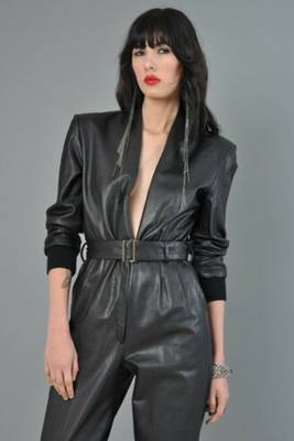 Women’s black soft genuine lambskin leather utility long sleeve with belted jumpsuit 1