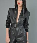 Women’s black soft genuine lambskin leather utility long sleeve with belted jumpsuit
