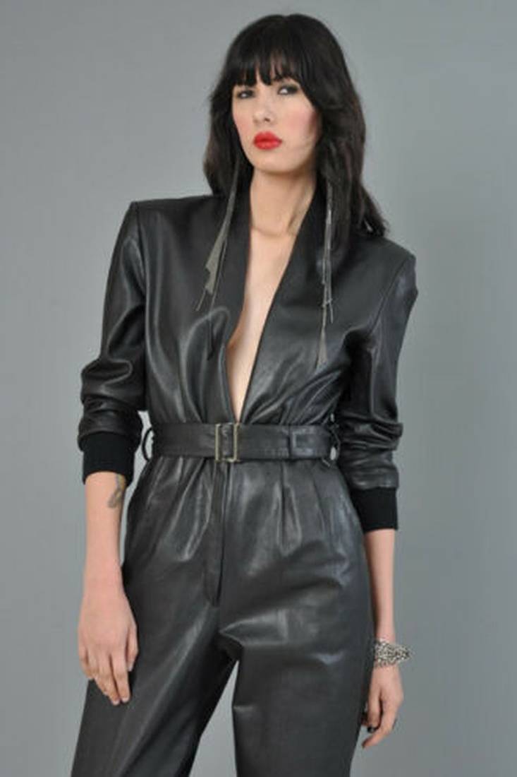 Women’s black soft genuine lambskin leather utility long sleeve with belted jumpsuit