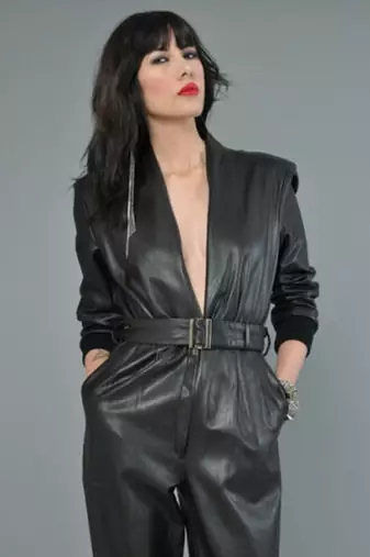 Women’s black soft genuine lambskin leather utility long sleeve with belted jumpsuit