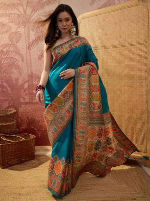 Teal viscose silk position print saree with contrast blouse piece 1