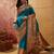 Teal viscose silk position print saree with contrast blouse piece