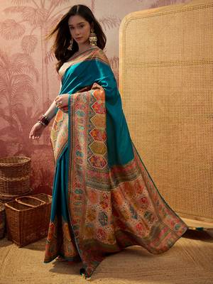 Teal viscose silk position print saree with contrast blouse piece 2