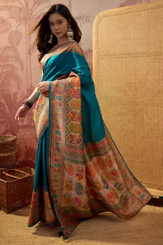 Teal viscose silk position print saree with contrast blouse piece