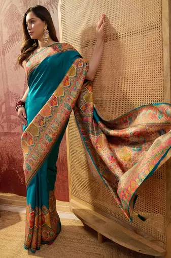 Teal viscose silk position print saree with contrast blouse piece