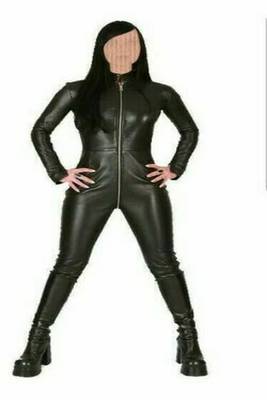 Women’s black soft genuine lambskin leather utility long sleeve jumpsuit 1