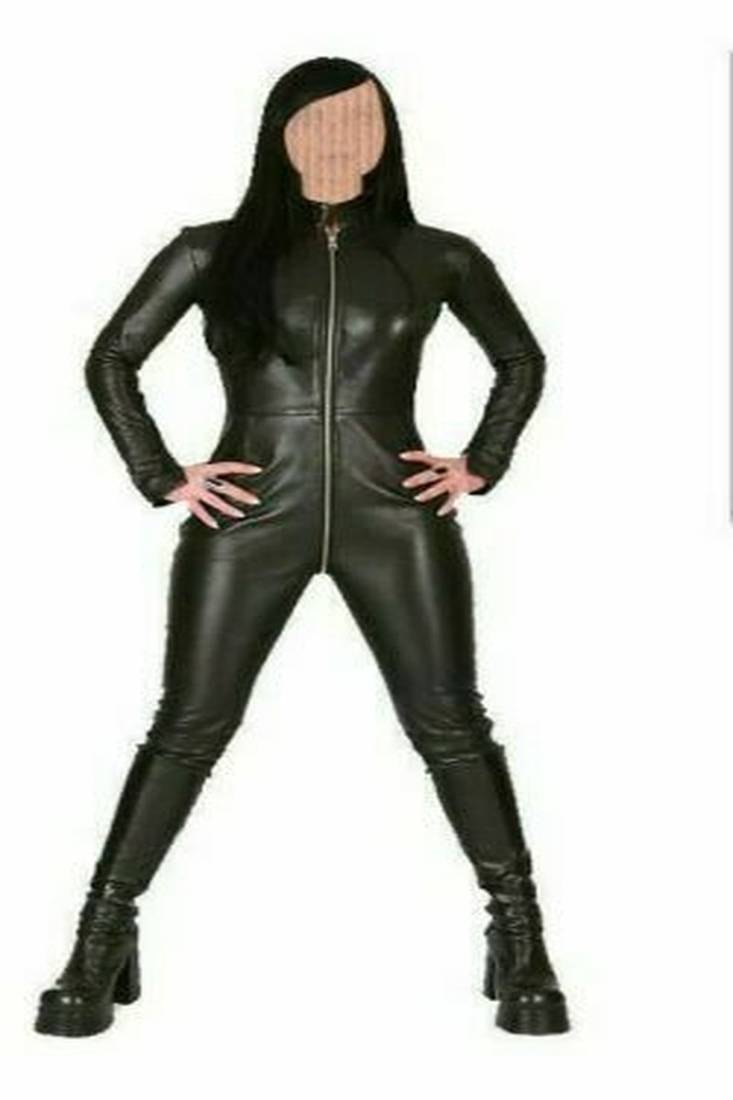 Women’s black soft genuine lambskin leather utility long sleeve jumpsuit