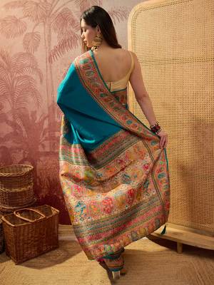Teal viscose silk position print saree with contrast blouse piece 4