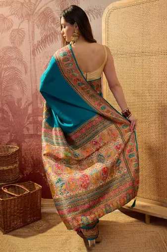 Teal viscose silk position print saree with contrast blouse piece