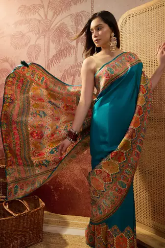 Teal viscose silk position print saree with contrast blouse piece