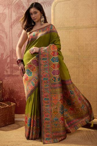 Green viscose silk position print saree with contrast blouse piece