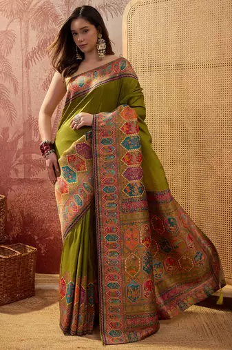 Green viscose silk position print saree with contrast blouse piece