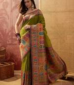Green viscose silk position print saree with contrast blouse piece