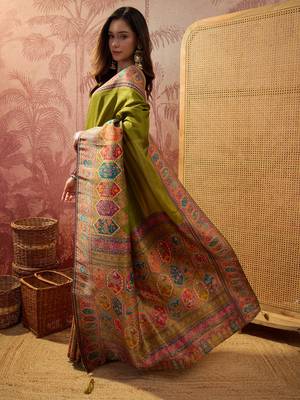 Green viscose silk position print saree with contrast blouse piece 2