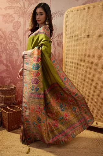 Green viscose silk position print saree with contrast blouse piece