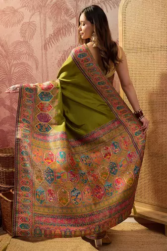 Green viscose silk position print saree with contrast blouse piece