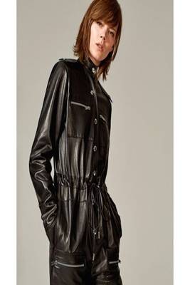 Women’s black soft genuine lambskin leather utility long sleeve zipper jumpsuit 1