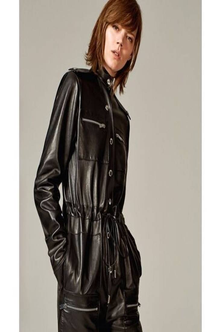 Women’s black soft genuine lambskin leather utility long sleeve zipper jumpsuit