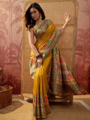 Mustard viscose silk position print saree with contrast blouse piece 1