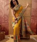 Mustard viscose silk position print saree with contrast blouse piece