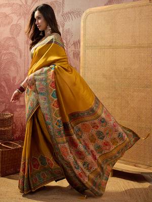 Mustard viscose silk position print saree with contrast blouse piece 2