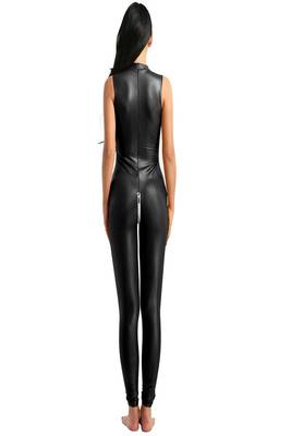 Women’s black soft genuine lambskin leather utility sleeveless sexy jumpsuit 2