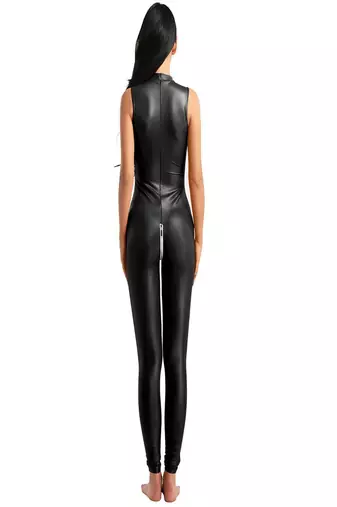 Women’s black soft genuine lambskin leather utility sleeveless sexy jumpsuit