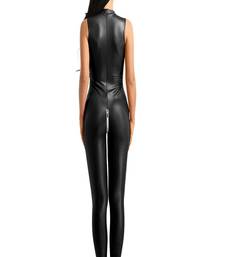 Women’s black soft genuine lambskin leather utility sleeveless sexy jumpsuit