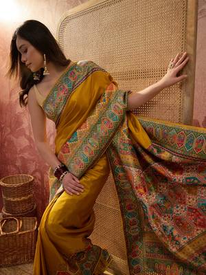 Mustard viscose silk position print saree with contrast blouse piece 5