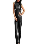 Women’s black soft genuine lambskin leather utility sleeveless sexy jumpsuit