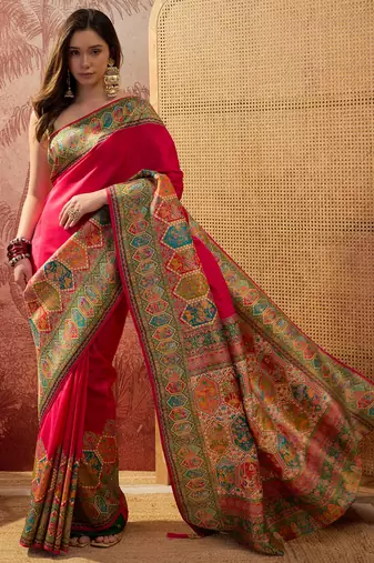 Pink viscose silk position print saree with contrast blouse piece