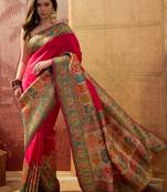 Pink viscose silk position print saree with contrast blouse piece