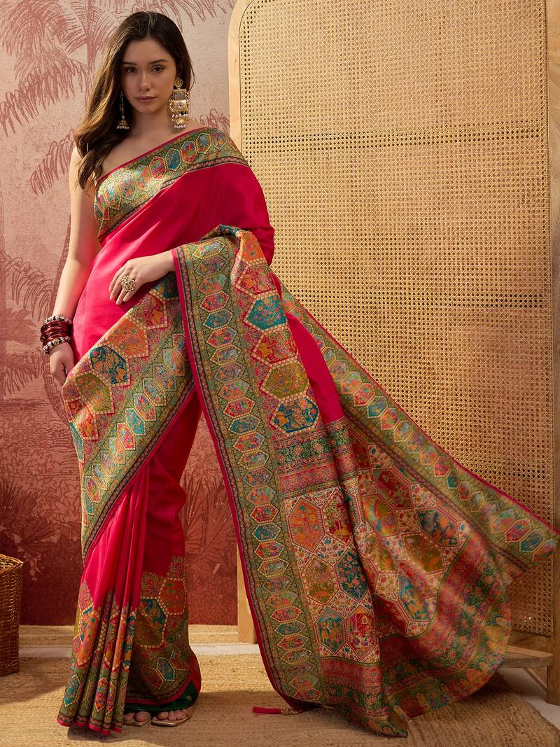 Pink viscose silk position print saree with contrast blouse piece