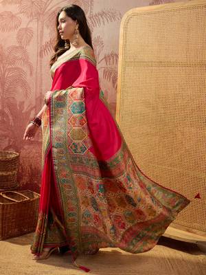 Pink viscose silk position print saree with contrast blouse piece 2