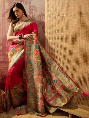 Pink viscose silk position print saree with contrast blouse piece 3