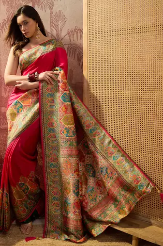 Pink viscose silk position print saree with contrast blouse piece