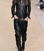 Women’s black soft genuine lambskin leather utility long sleeve stylish jumpsuit