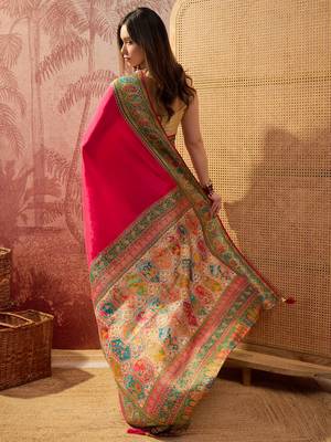 Pink viscose silk position print saree with contrast blouse piece 4