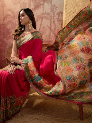 Pink viscose silk position print saree with contrast blouse piece 5