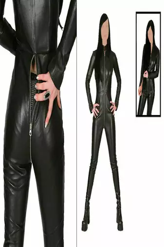 Women’s black soft genuine lambskin leather utility long sleeve stylish jumpsuit