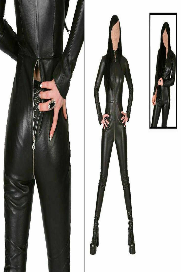 Women’s black soft genuine lambskin leather utility long sleeve stylish jumpsuit