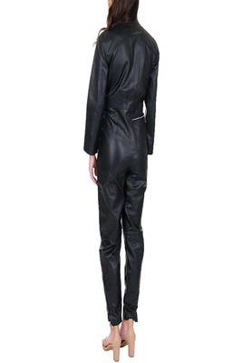 Women’s black soft genuine lambskin leather utility stylish leather long sleeve jumpsuit 2