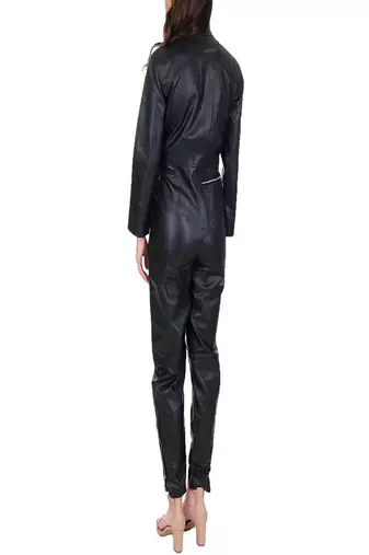 Women’s black soft genuine lambskin leather utility stylish leather long sleeve jumpsuit
