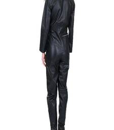 Women’s black soft genuine lambskin leather utility stylish leather long sleeve jumpsuit