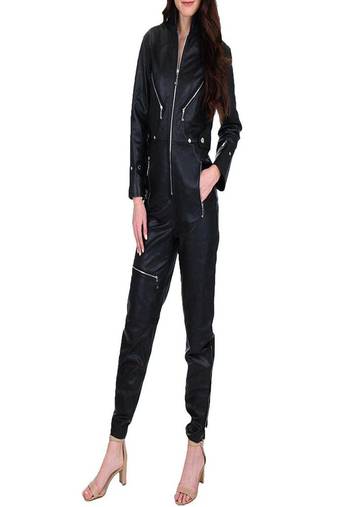 Women’s black soft genuine lambskin leather utility stylish leather long sleeve jumpsuit