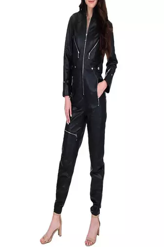 Women’s black soft genuine lambskin leather utility stylish leather long sleeve jumpsuit