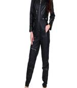 Women’s black soft genuine lambskin leather utility stylish leather long sleeve jumpsuit