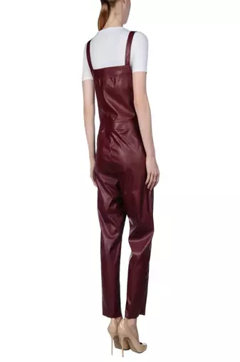 Women’s burgunday soft genuine lambskin leather utility stylish sleeveless jumpsuit