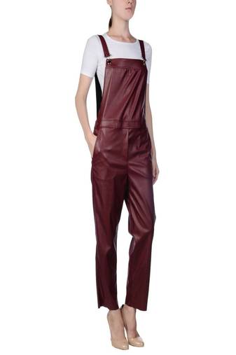 Women’s burgunday soft genuine lambskin leather utility stylish sleeveless jumpsuit